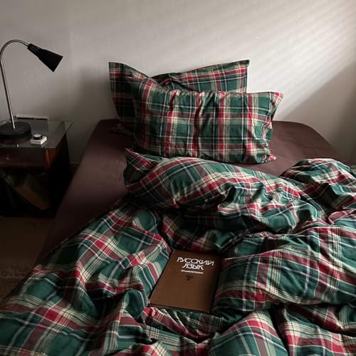 Image of MKXI Vintage Buffalo Plaid Duvet Cover Set 3-Piece | 100% Washed Cotton Reversible Bedding Green /Red Checkered Full Size with Zipper & Corner Ties Farmhouse & Shabby Chic Design