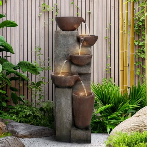 Image of SunJet 5-Tier Cascading Indoor /Outdoor Water Fountain with LED Lights - 39.7 inch High Large Waterfall Floor Standing Fountain for Garden, Patio, Yard, and Deck Decor - Relaxing Outdoor Water Feature
