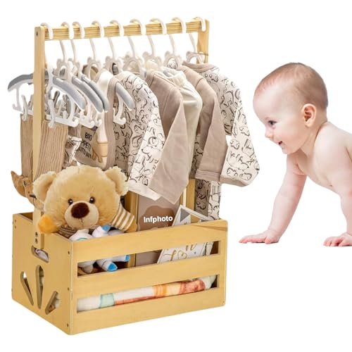 Image of Wooden Baby Shower Crate Closet, Newborn Baby Shower Basket with Handle for Pregnancy Announcement, Boys Girls Pregnancy Gifts for Baby Favors