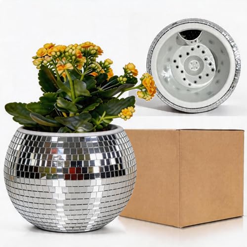 BAOBYAO Disco Ball Planter Disco Ball Vase Plant Pot Flower Pot Mirror Plant Holder Plastics Self Watering Disco Decor Planter for Small Plant Party Table Office Kitchen Silver 4X5IN