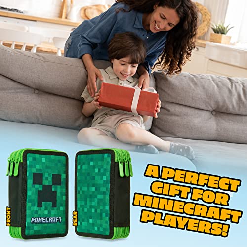 Minecraft Estuche Escolar con Material Incluido, Estuche Compartimentos Niño Niña Gamer Regalos Originales para Niños Colegio Estuches Escolares con Cremalleras Niño (Verde Creeper)