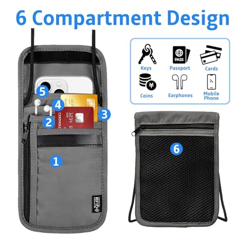 Quelcc Brustbeutel mit RFID Schutz, Wasserdicht Reisegeldbeutel mit Verstellbarem Schultergurt, Anti-Diebstahl Unisex Umhängebeutel für Passport, Kreditkarten, Smartphone, Münzen, Geld (Grau)
