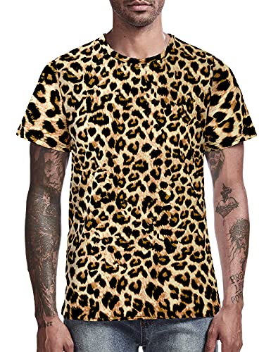COSAVOROCK T-Shirts Imprimée Leopard à Manches Courtes Casual Tee Shirt pour Homme Marron L