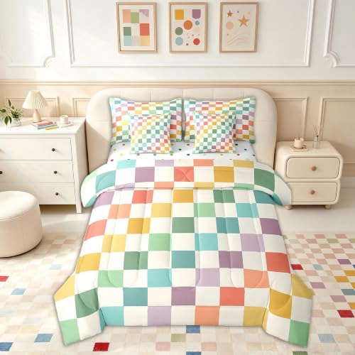 Image of Feelyou Multicolored Checkered Retro 7 Piece Bedding Set Kids Boys Geometric Vintage Comforter Set with Sheets Queen Size Green Yellow Colorful Bed in a Bag Modern Simple Groovy Aesthetic Room Decor