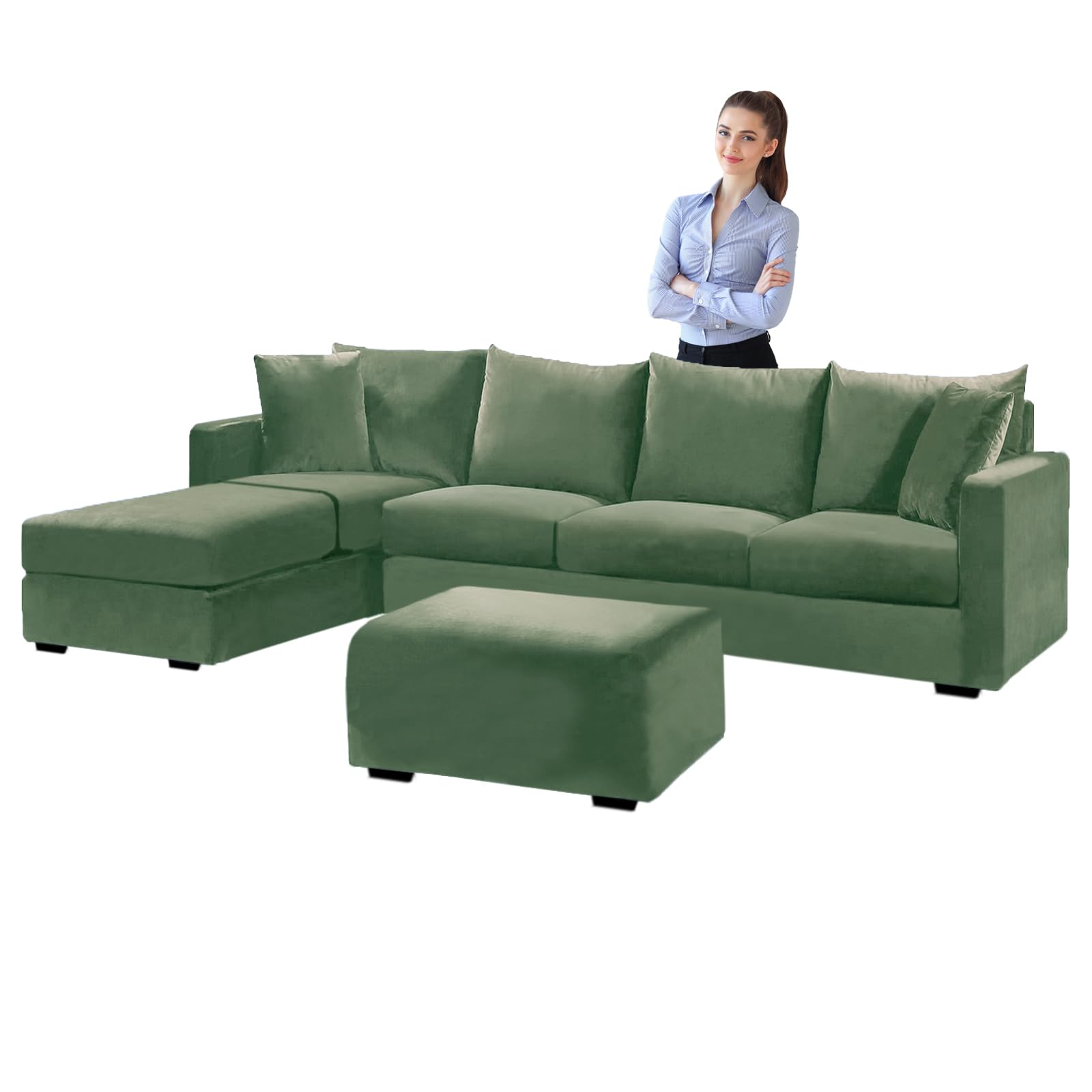 SYLC Velvet Sofa Covers L Shape, Stretch Corner Sofa Cover with Cushion Covers, Couch Cover Friheten Cover for U Sectional Sofa (Green,Sofa Cover 230-300cm)