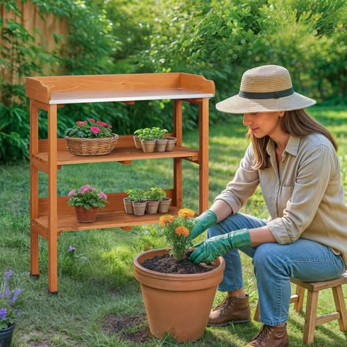 3 Tier Outdoor Garden Potting Bench Tables,Wooden Horticulture Planting Workstation,Gardening Table Work Benches,All-Weather Garden Work Station,with Metal Tabletop,for Outside Lawn Patio (Natural) - Thumbnail 6