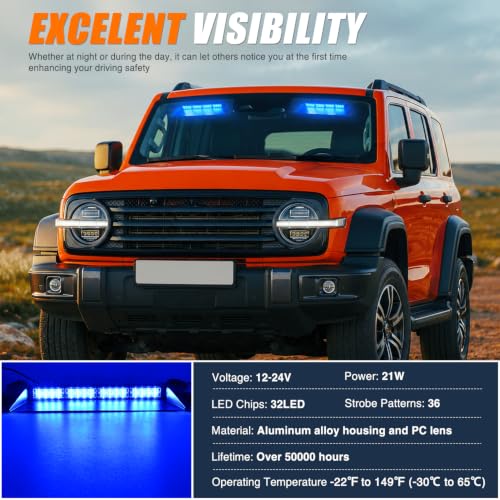 Image of Nilight 32LED Blue Dash Strobe Light w /Controller Windshield Mount