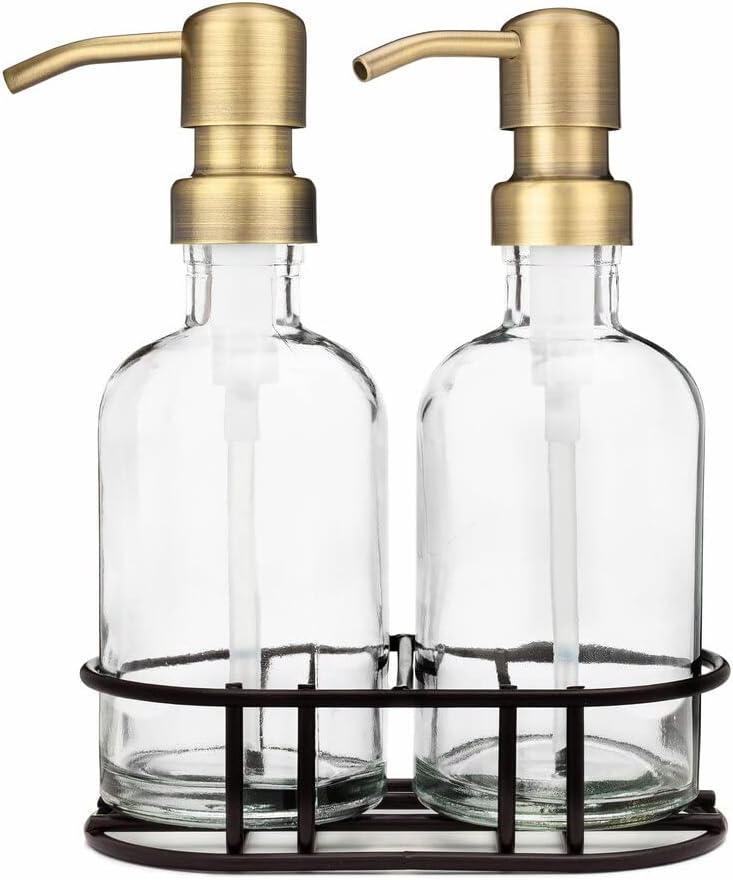 Rail19 Glass Hand and Soap Dispenser Set with Metal Pump - Includes Metal Caddy, 8oz (Cali Black)