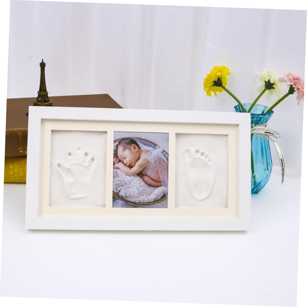 Abaodam Cornice Impronte Mani e Piedi per Bebè, Legno Bianco Tampone Bianco, Idea Regalo Delicata per Salotto e Camera