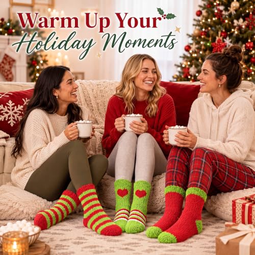 Image of 10 Pairs Christmas Fuzzy Socks Bulk Winter Fluffy Unisex Women Men Crew Slipper Sock Stocking Xmas Adult Gifts
