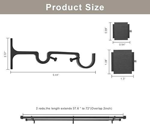 Miniatura 6 de Barras de cortina dobles con remates cuadrados de aleación de aluminio resistente, varillas telescópicas de 36 a 72 pies, 1 pulgada delantera y