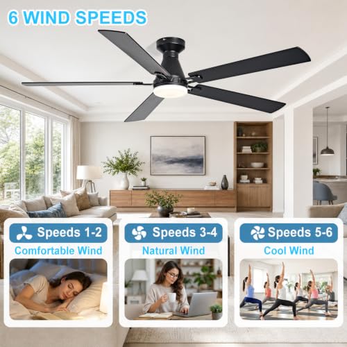 Image of Depuley Modern Ceiling Fan with Light: 60-Inch Black Flush Mount Fandelier | Bedroom Indoor Outdoor Use, 5 Reversible Walnut Blades, 6 Fan Speeds, Timing Function, Dimmable 3CCT, Remote Control Included