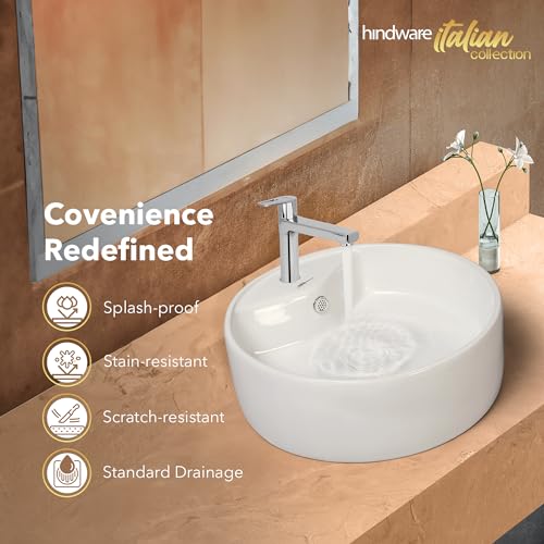 Image of Hindware Italian Collection Solitaire Table Top Wash Basin for Bathroom | Made of Ceramic | Star White | Round Shape | Over the Counter Basin