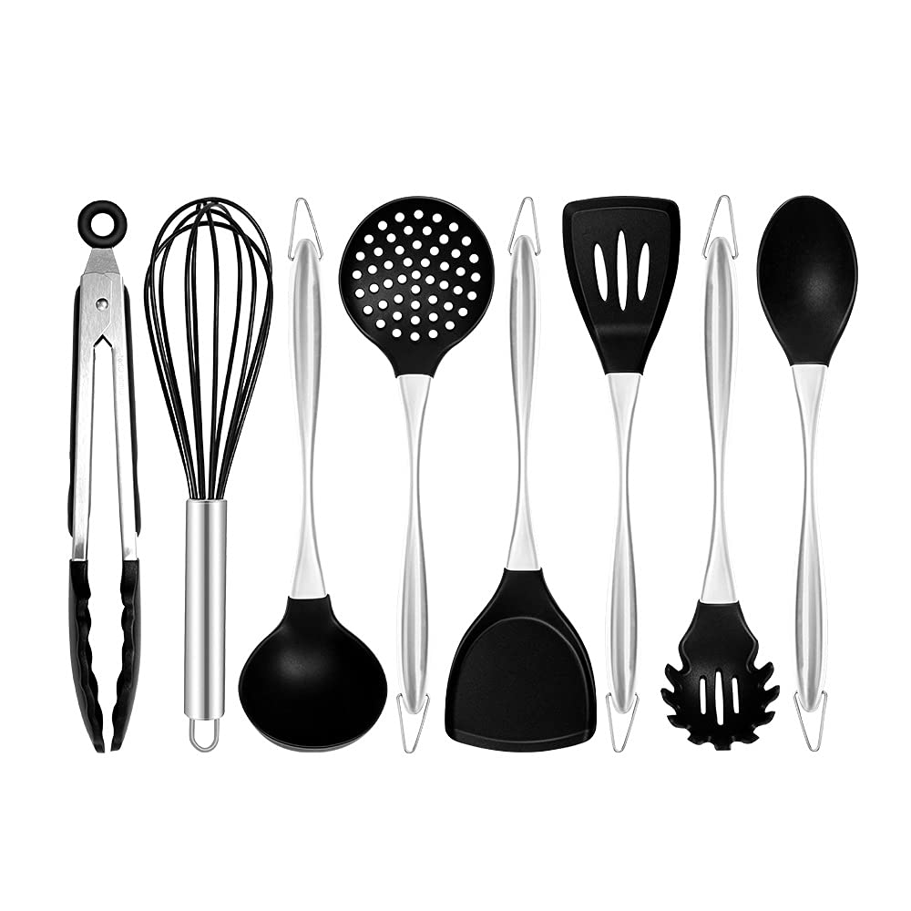 MYUYEE Kitchen Utensils Set,Silicone Spatula Kitchenware Set Stainless Steel Handle Kitchen Turner Cooking Utensils Utensil Baking Tool Kit Spoon (8Pcsc)