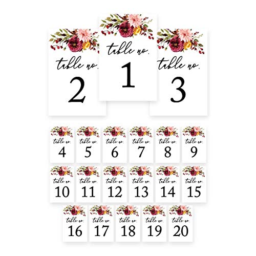 Andaz Press Fall Burgundy Marsala Wedding Party Collection, Table Numbers 1-20 on Perforated Paper, Single-Sided, 4X 6-inch, Marsala Floral Graphic Design, 1 Set