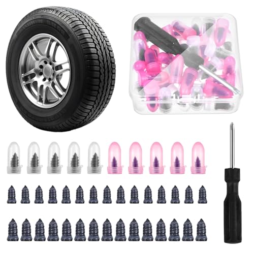 YUXIANLB 40pcs Tire Plug Kit with Screwdriver Tire Repair Rubber Nail Self-Service Vacuum Tyre Screws (20S+20L) Fast Repair Quick Puncture Tools with a Box for Car Motorcycle Truck Tractor