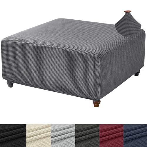 ANWUCHEN Square Ottoman Cover - Thick Stretch Knitted Jacquard Slipcover - X-Large Dark Gray