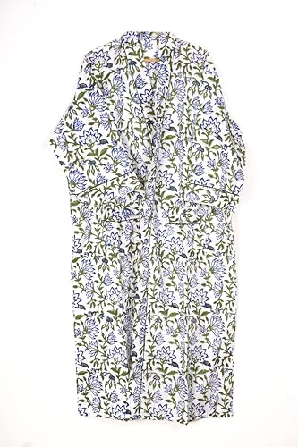 Image of Generic Cotton Hand Block Print Kimono Robes for Women, Long Length Floral Print Nightgown, Bikani cover- up cotton kimono (Cotton, White,Blue, Green)