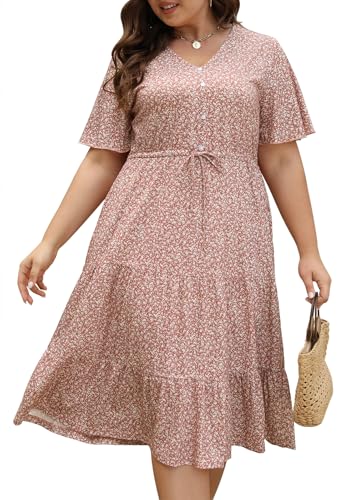 Image of Keluummi Plus Size Summer Midi Dresses for Curvy Women, Casual Boho Floral V Neck Dress with Pockets