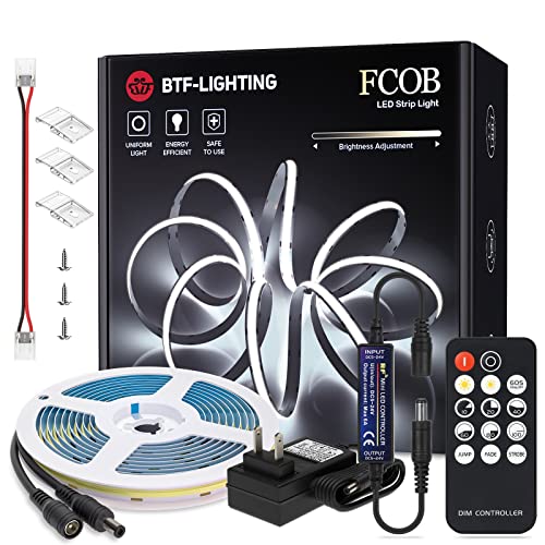 Image of BTF-LIGHTING FCOB COB LED Strip Light Super Bright Cool White 6000K | DC24V 16.4FT Dimmable CRI90+ Flexible LED Tape Light with Remote & Power Adapter for Bedroom Kitchen Home Indoor DIY Lighting