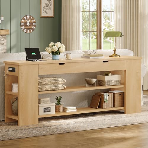 Image of 71.8 Inch Extra Long Console Table with Drawers, Farmhouse Long Console Table with Shelves & Built-in Outlets, Entryway Table with Storage for Living Room, Entryway, Hallway, Natural