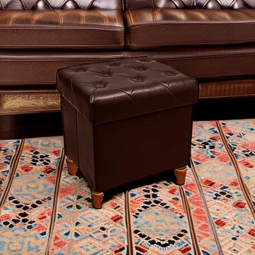 Image of CAROLMADE Folding Storage Ottoman Cube PU Leather Footstool with Wood Legs Ottoman Footrest for Living Room and Bedroom Brown, 15x12.6 x 15.4 inch