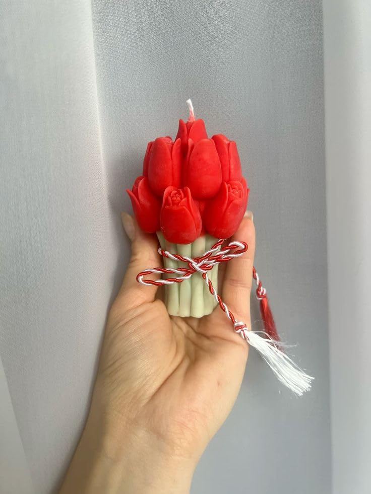Image of Tulip Flower Scented Candle, Pink and Green, Decorative Bouquet Design for Home Decoration and Gift (6, Red)