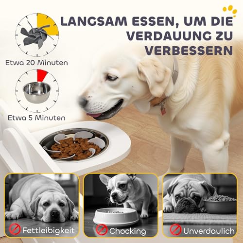 PawHut Erhöhter Hundenapf Höhenverstellbar Futternapf mit Ständer Anti-Schling-Matte 2 x 1000ml Langsamfutternapf verstellbar Fressnapf Futterstation Hundenäpfe für Mittlere Hunde Katzen Weiß