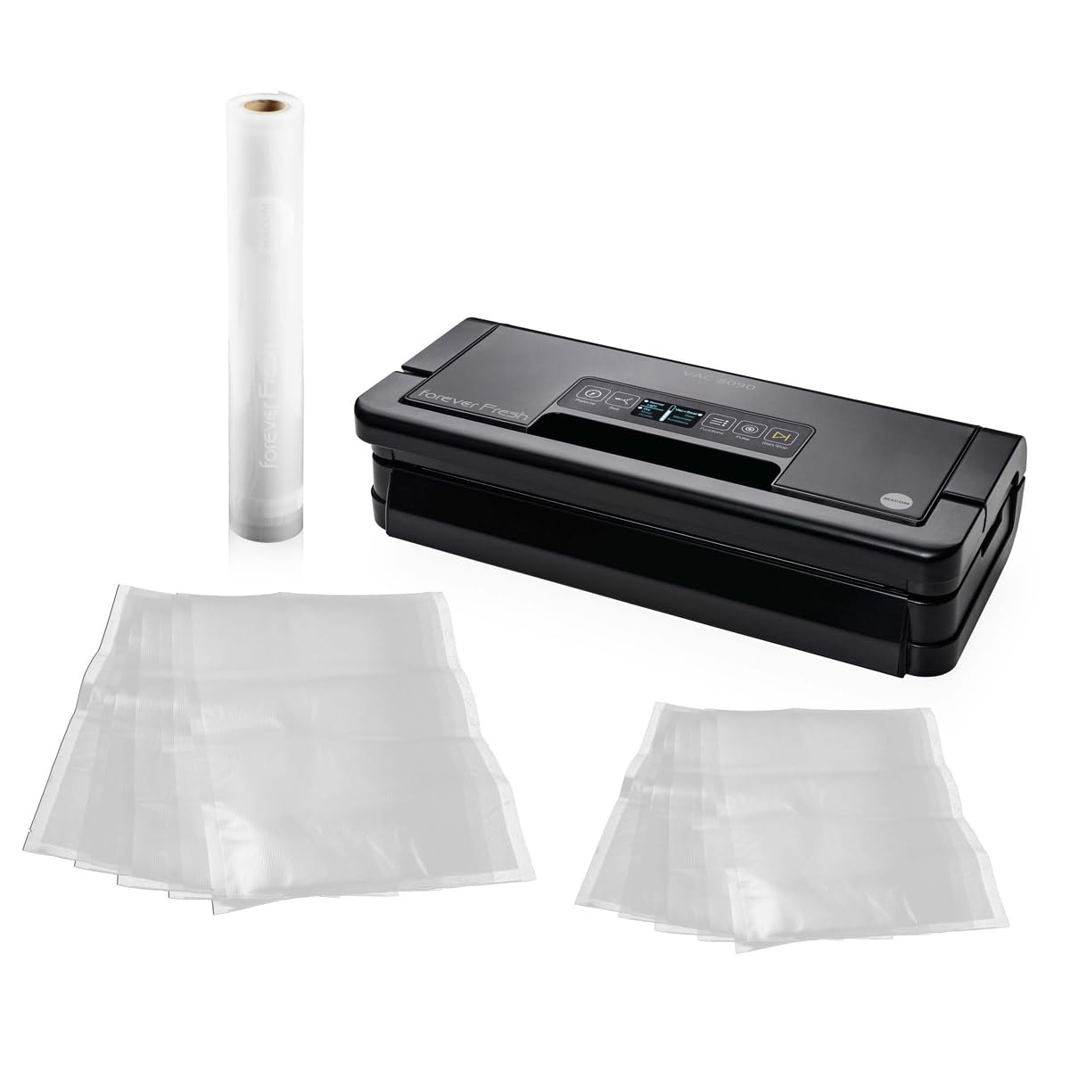MACOM, Macchina Sottovuoto Professionale – Doppia Pompa di Aspirazione, 2 Barre Saldanti e Portarotolo Integrato, Struttura in Acciaio Brunito con Display LCD – Forever Fresh VAC8090