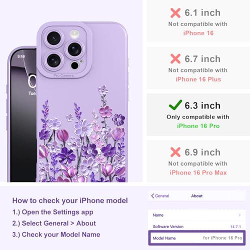 Image of Designed for iPhone 16 Pro Case Floral for Women Girls, Purple | Cute Oil Painting Flower Pattern Liquid Silicone Phone Case [Full Camera Protection] Slim Soft TPU Protective Cover