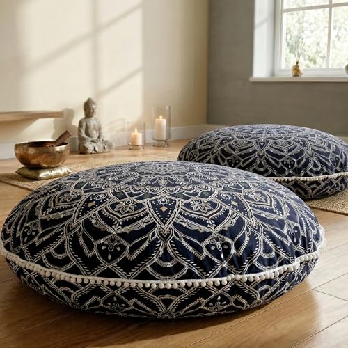 Codi Meditation Cushion for Adults Set of 2-32" Large Floor Pillow with Supportive Shredded Memory Foam - Round Zabuton with Washable Cover, Bohemian Mandala Seating for Yoga and Mindfulness, Black
