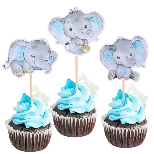 36 PCS Blue Elephant Cupcake Toppers It's a Boy Baby Shower Cupcake Picks for Elephant Theme Gender Reveal Baby Shower Kids Boys Birthday Party Cake Decorations Supplies