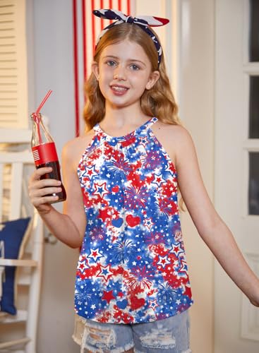Image of BesserBay Girls Summer Back Button Halter Neck Tank Top Cold Shoulder Casual Blouse Pleated Sleeveless Shirts 5-14 Years