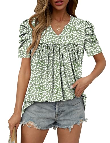 KISSMODA Tops for Womens Summer Cute Short Sleeve Shirts Trendy Notched Neck Blouses Casual Loose Pleated Tunics S-3Xl