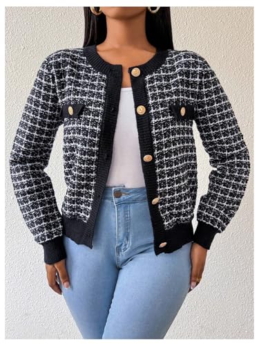 MakeMeChic Women's Plaid Print Crew Neck Button Down Long Sleeve Cardigan Sweater4