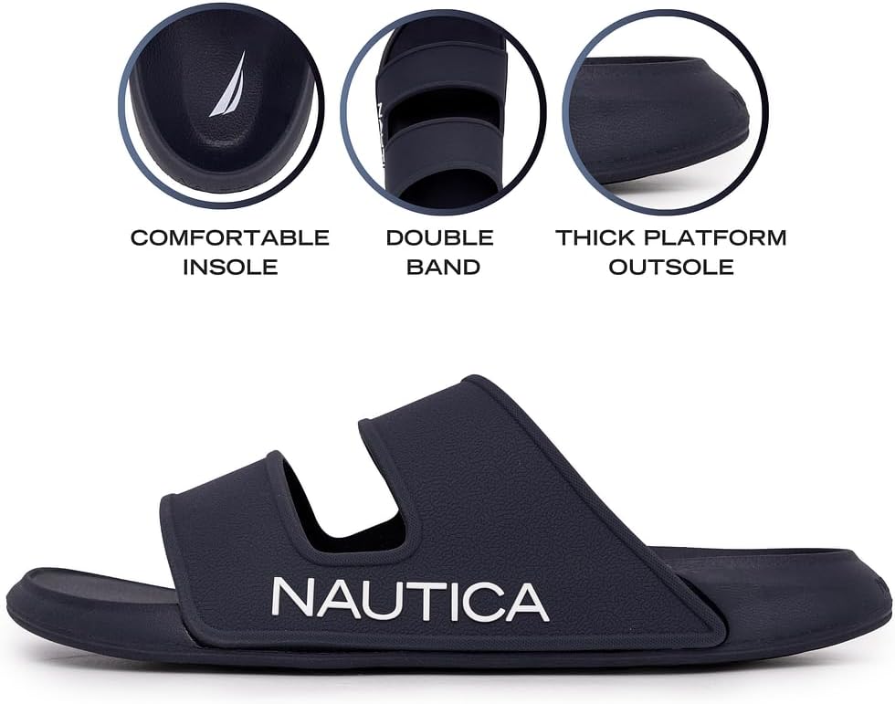 Nautica Men's Slides Sport Shower Athletic Sandals for Indoor & Outdoor with Double Arch Support - Lightweight, Durable and Comfortable