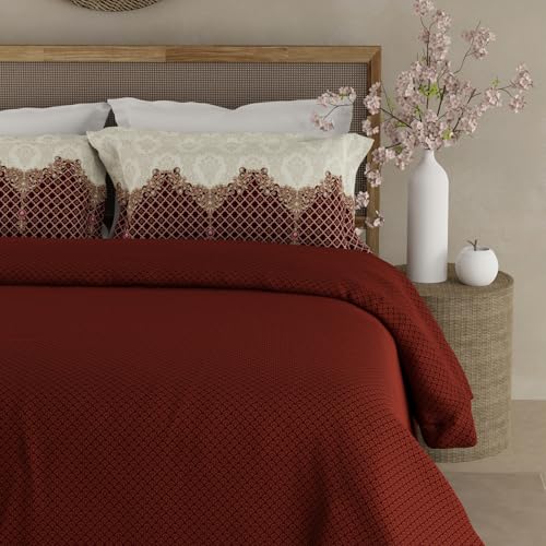 Image of BOUTIQUE LIVING Heritage Walk 100% Egyptian Cotton 200 TC Red Ethnic Print King Bedsheet with 2 Pillow Covers