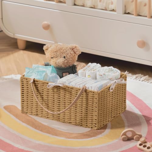 Image of HBlife Large Baby Diaper Caddy Organizer, Paper Rope Storage Baskets Nursery Bin with Removable Divider, Portable Car Organizer for Diapers, Baby Shower Gifts, Newborn Essentials Must Haves