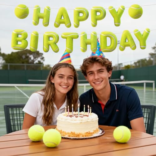 Image of Sport Birthday Banner, 3D Sport Theme Happy Birthday Banner (Tennis) | Decoration Funny Ball Themed Party Supplies Suitable for Kids Teenagers Adults