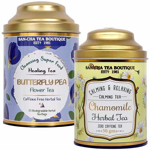 Image of SAN-CHA Tea Boutique, Botanic Tea Combo, 2In1 Caffeine Free Herbal Teas, Butterfly Pea Flower Tea (25 Tea Bags) & Chamomile Flower Tea (50 Gram Flowers), Stress Relief Tea, Herbal Tea Gift