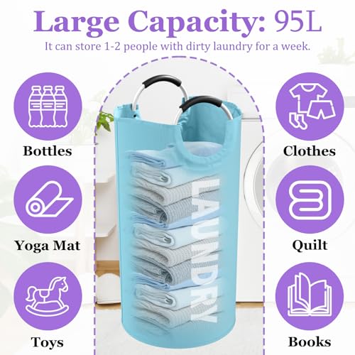Image of 95L Foldable Blue Laundry Basket with Handles, Big Clothes Hamper for Bedroom, Dirty Clothes Basket Stand Upright, Portable Laundry Bag for Dorm, Nursery, Family, Blue