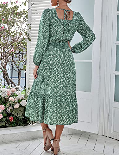 Hotouch Female Fall Wedding Guest Dresses Long Sleeve Square Neck Fashion Elastic Waist Ruffle Maxi Cocktail Dress Green Xl #TOP3