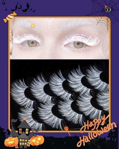Outopen 5 Pairs White False Eyelashes for Halloween, Cosplay, Anime Manga - Wispy Soft Lash Extensions for Masquerade Party, Stage Costume Makeup - Reusable - Thumbnail 3