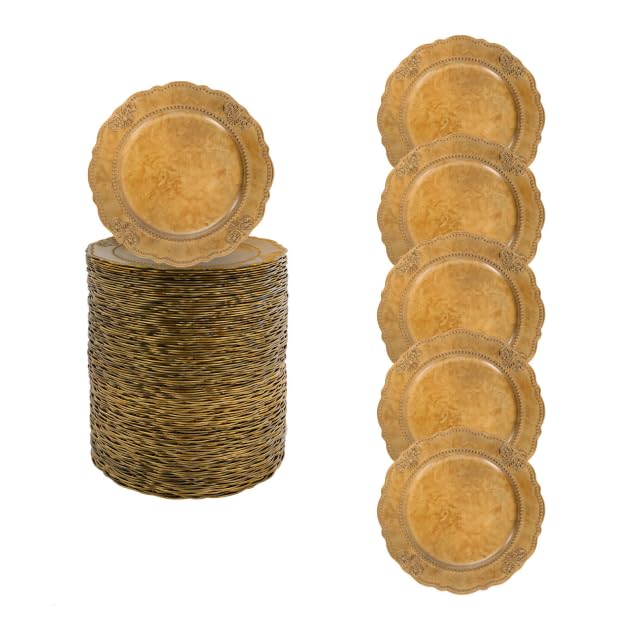 Dokiiovo 100 platos dorados reutilizables, platos llanos retro europeos, 33 cm, redondos, reutilizables, para fiestas de cumpleaños, bodas, reuniones familiares, restaurantes (patrón B)