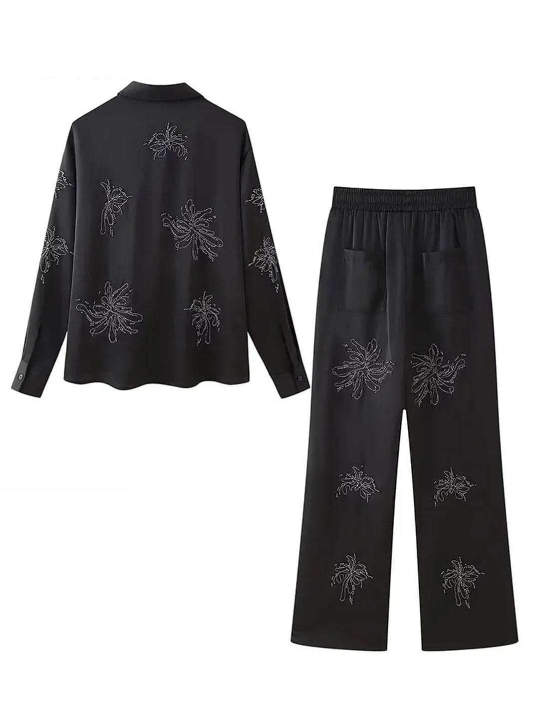 Ensemble de pantalons longs brodés pour femmes, ensemble chemise à manches longues à simple boutonnage, Only-shirt, S