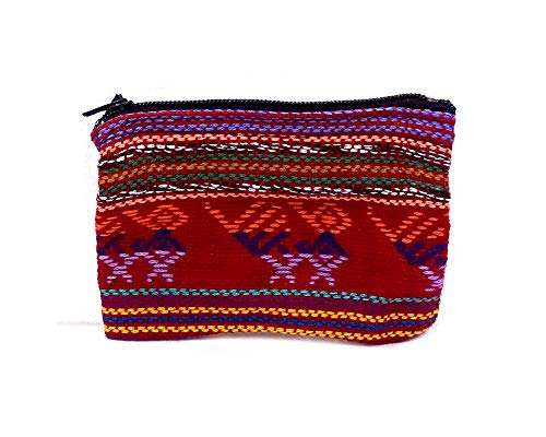 Mini Multicolored Tribal Pattern Woven Lightweight Coin Purse Zipper Pouch - Womens Fashion Handmade Bags Boho Travel Accessories (Red)