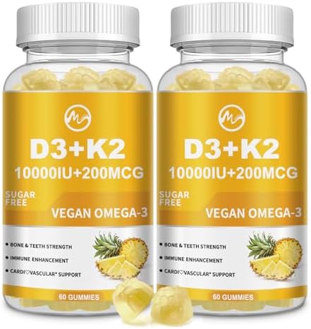 Vitamin D3 K2 Gummies, Vitamin D3 10000IU, K2 (MK-7) 200mcg, 6-in-1 Vitamina D3 Con K2 Supplement with Omega-3, Magnesium, Calcium and Zinc for Bones, Teeth & Immune Support, Sugar Free, 2 Packs