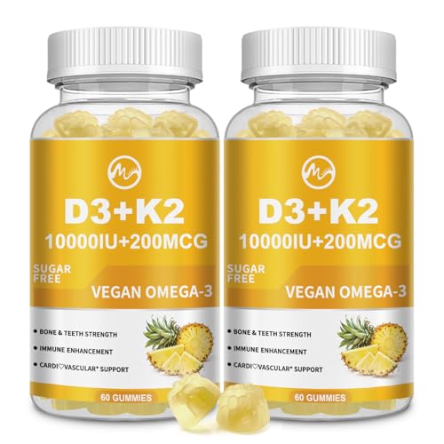 M inch Vitamin D3 K2 Gummies, Vitamin D3 10000IU, K2 (MK-7) 200mcg, 6-in-1 Vitamina D3 con K2 Supplement with Omega-3 for Women and Men - Bones, Teeth & Immune Support, Sugar Free, 2 Pack