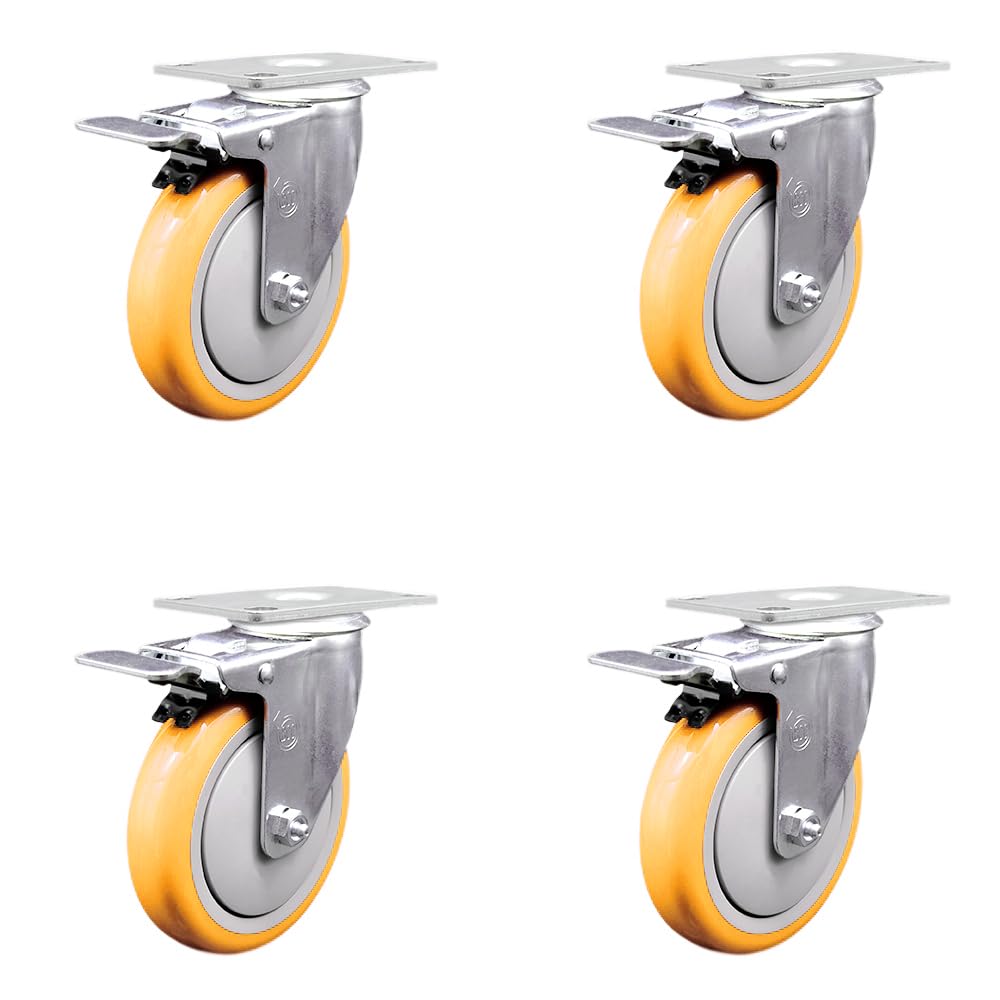 Polyurethane Swivel Top Plate Caster Set of 4 with 5 Inch Yellow Wheels - Includes 4 Swivel with Total Lock Brakes - 1400 lbs. Total Capacity - Service Caster Brand
