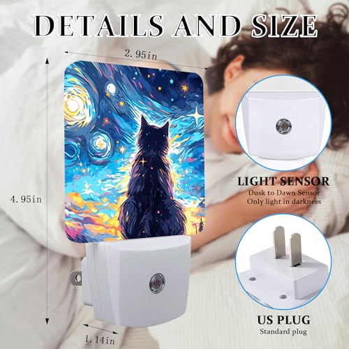 Image of Black Cat Night Light, Plug-into Wall Starry Night Nightlight Lamp with Dusk to Dawn Sensor, Led Lamp 0.5W Energy Efficient for Boys Girls Adults Home Decor